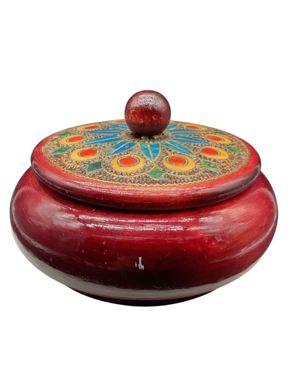 Hand Painted & Carved Red Wood Lacquered Lidded Bowl 3